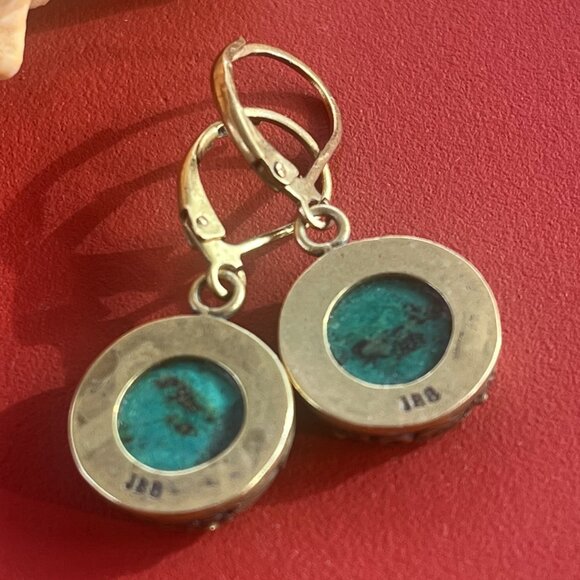 African Turquoise Earrings, Antiqued Brass Floral Setting, Boho Drop Earrings - Picture 5 of 5